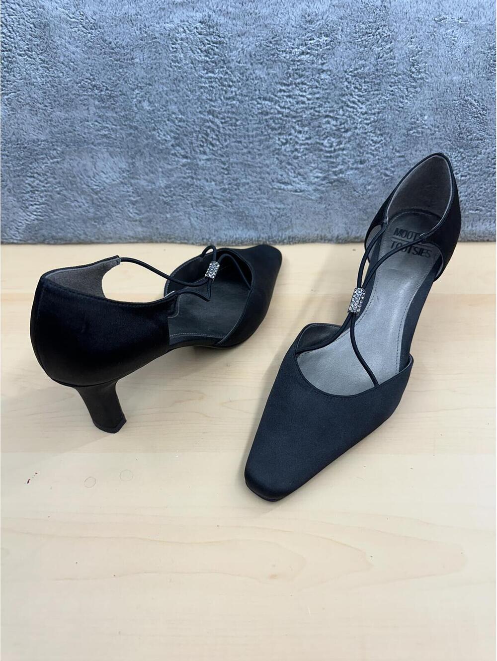 Mootsies Tootsies Black Satin Heels with Rhinestone Straps Elegant Formal